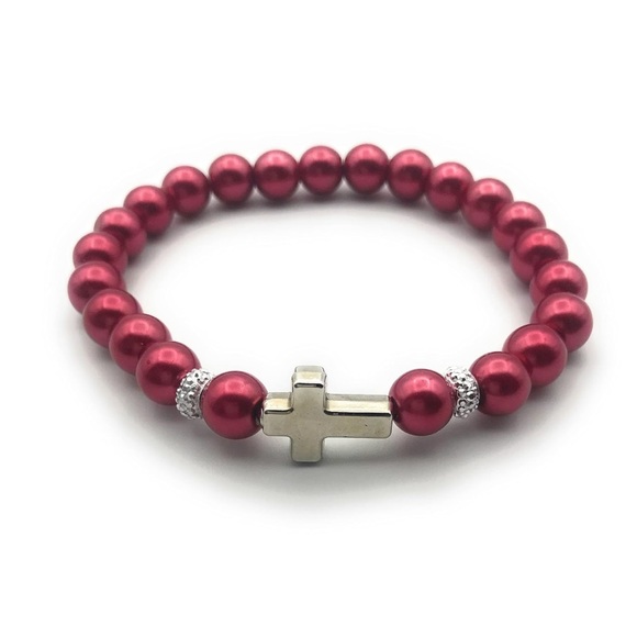 Red Faux Pearl Side Cross Stretch Bracelet - Picture 3 of 4